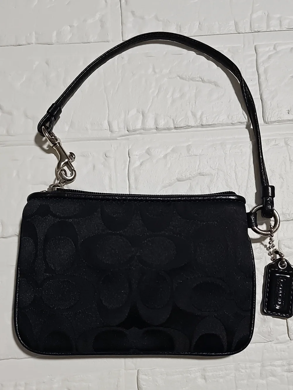 Coach Black Signature Jacquard Wristlet with Leather Strap